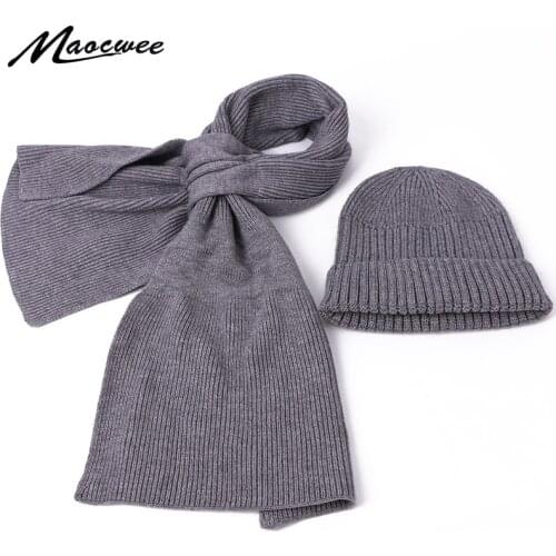 Children Hat Scarf Set Autumn Winter Skullies Beanie Knitted 2 Pieces Set Solid Color Crochet Striped Bonnet Scarf Set For Kids