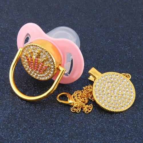 Bling Bling Pink Crown Rhinestones Baby Pacifier With Chain Holder Clip Elegant Pacifier Dummy Baby Shower Gift