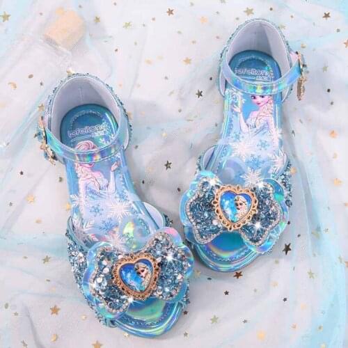 Disney Princess Kids Sandals For Girls Frozen Elsa Glitter Crystal Children Flat Heel Girls Single Shoes Butterfly Shoe