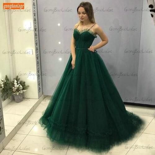 Elegant Green Prom Dresses 2020 Boho Spaghetti Straps Lace Up Tulle Beach Women Dress Long Formal Party Custom Made Robes De Bal
