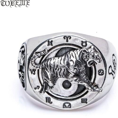 Handmade 100% 925 Silver Tiger Ring Fengshui Lucky Symbol Ring 925 Sterling Silver Tiger Dragon Ring with constellation symbols