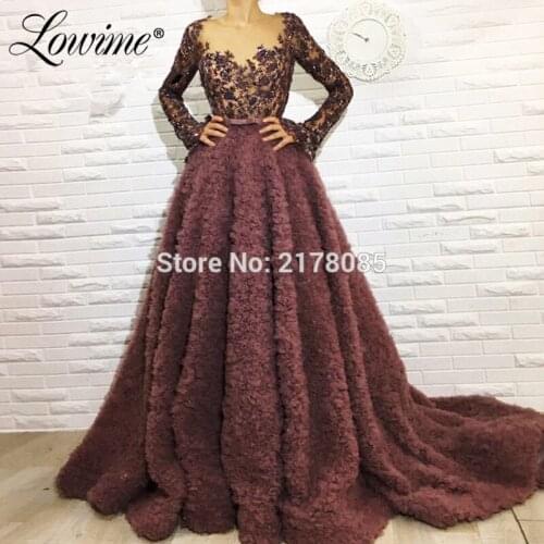 Muslim Evening Dresses 2020 Applique Beaded Dubai Saudi Arabic Brown Long Party Gowns Tiered Tulle Prom Dress Robe De Soiree
