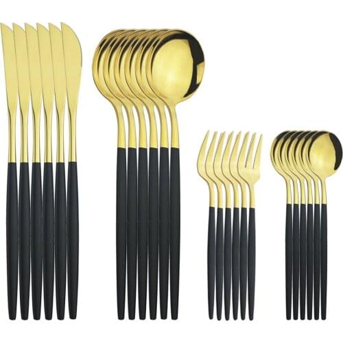 24Pcs Black Gold Knives Cake Fruit Forks Spoon Silverware Set Dinnerware Cutlery Set Stainless Steel Flatware Kitchen Tableware