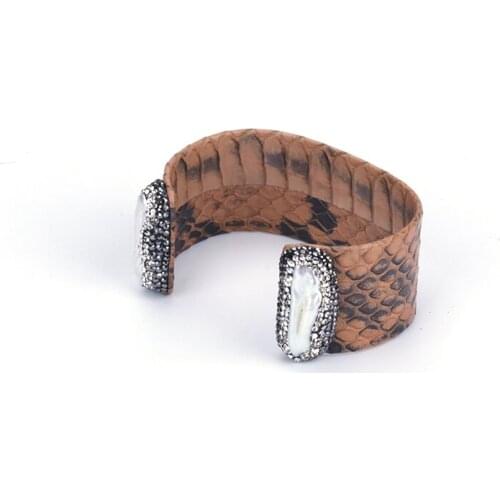 Natural Double Elongated Freshwater Pearl End Bead Charm Pave Rhinestone Brown Real Leather Big Open Bangles Cuffs For Women