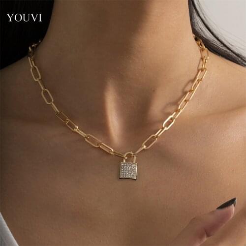 YOUVI Goth Cuban Chains Necklace for Women 2021 Simple Crystal Lock Pedant Men Necklace Jewelry Gifts Neck Chains Choker