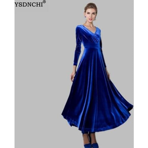 Party Dress Spring Long Sleeves Vintage High Waist Women Dress Velvet Hot Female V Neck Elegant Vestidos Long Dresses