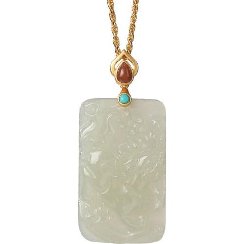 S925 sterling silver gold-plated natural Hotian jade pendant retro personality chic lucky pendant womens pendant
