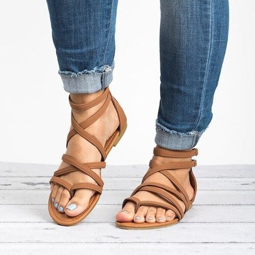 Women Gladiator Sandals Summer Beach Cross Straps Casual Female Flat Shoes Rome Fashion Non-Slip Zip Solid Color Ladies Sandals