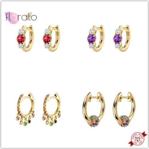 925 Sterling Silver Ear Buckle Geometric Hoop Earrings for women Trendy Colorful CZ Crystal Drop Earrings Females Jewelry