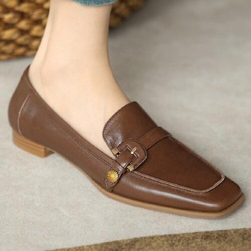 Womens genuine leather square toe slip-on flats loafers metal buckle female soft comfortable oxfords casual daily shoes women