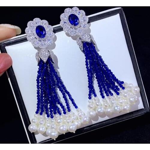 Blue color long tassels earring natural fresh water pearl 925 sterling silver with cubic zircon flower fashion women jewelry