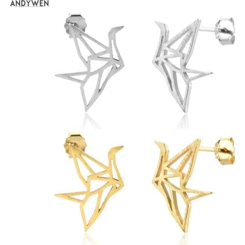 ANDYWEN 925 Sterling Silver Gold Stud Earring Thousand Paper Cranes Women Geometric Irregular Women Piercing Pendiente Clips