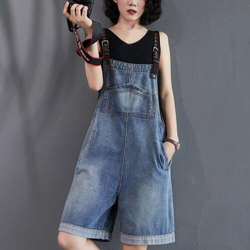 Short Jean Jumpsuit for Ladies Summer Casual Loose Sleeveless Wide Leg Denim Overalls for Women Adjustable Strap Denim Playsuit