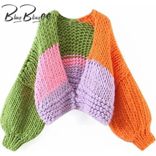 BlingBlingee Za 2021 Autumn Winter Thick Chunky Knit Cardigan Traf Colour Block Patchwork Cropped Jacket Woman Oversized Sweater