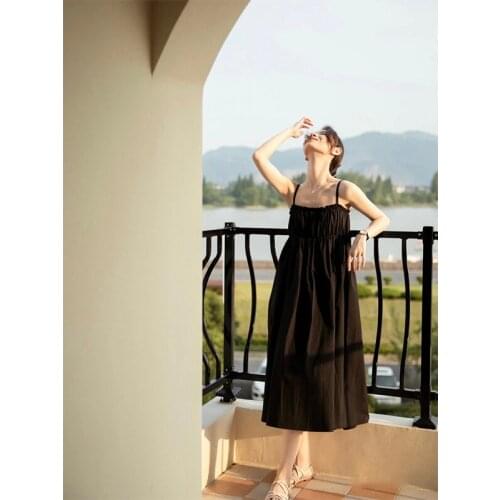 Donsignet 2021 Summer New Fashion Draw String Spaghetti Strap Slash Neck Dresses for Women Adjustable Waist Solid Woman Dress