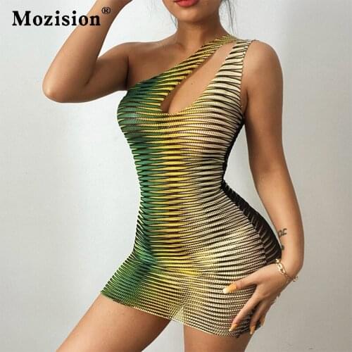Mozision Patchwork One Shoulder Hollow Out Bodycon Dress For Women Summer Sexy Sleeveless Backless Dress Vestidos Streetwear