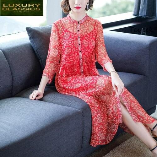 Real Vintage Summer Spring Silk Dress Women Elegant Beach Boho Floral Vestidos Korean Long Evening Party Dresses 68847