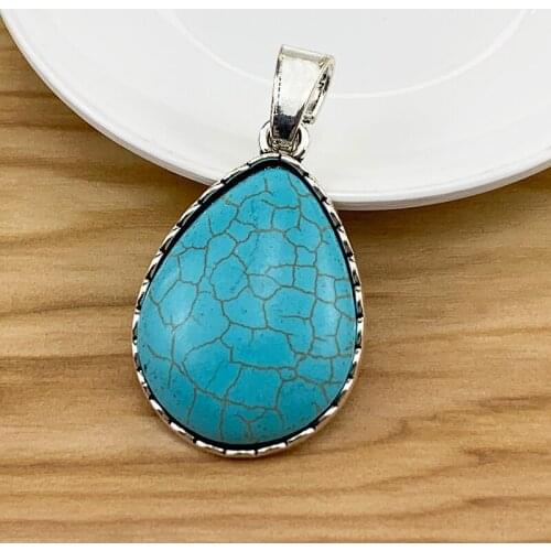 1 Piece Large Water Drop Shaped & Faux Turquoise Stone Tibetan Silver Charms Pendants for Necklace Jewelry Making 60x32mm