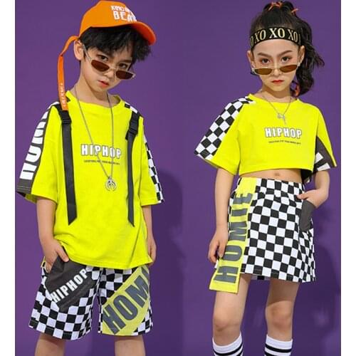 Children Girls Jazz Dance Costume Boys Hip Hop Clothes Yellow Tops Pants Street Suit Ballroom Dancing Clothes Rave Wear BL4785