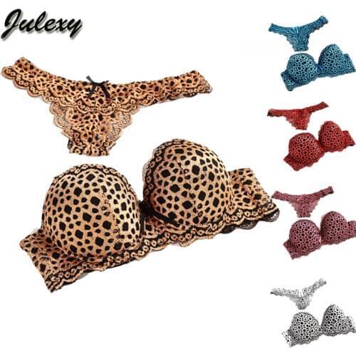 Julexy New 2020 Leopard Hollow Out Thongs Women Bra Set Push Up Bra Brief Sets Temptation Lace Gold Sexy Underwear Panty Set