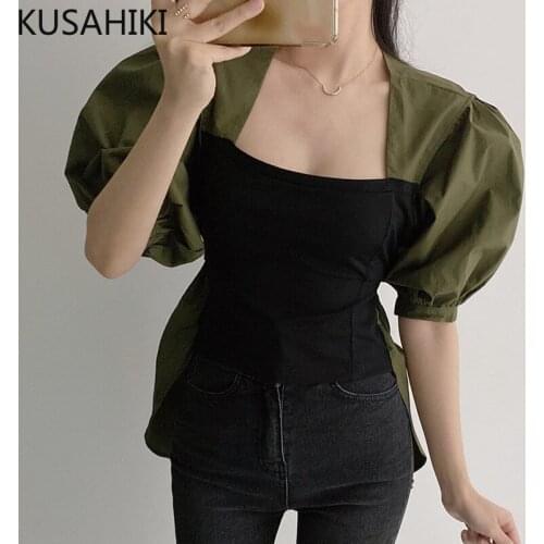 KUSAHIKI Korean Hit Color Patchwork Blouse Top Puff Sleeve Square Collar Shirt 2021 New Lace Up Slim Waist Blusas Mujer 6G306