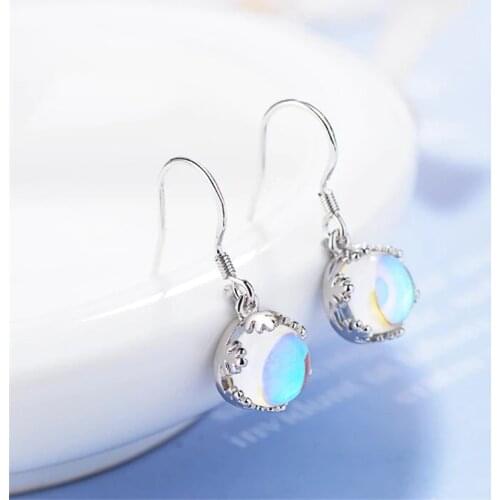 Beautiful Moonstone New Fashion Flash 925 Sterling Silver Jewelry Ear Hook Flower Round Short Dangle Earrings SE607