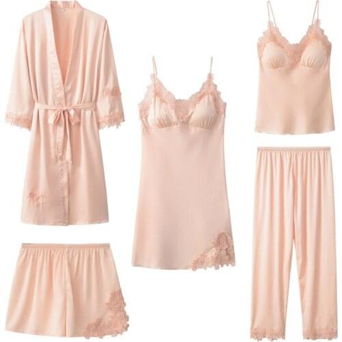 Lace Patchwork Sleepwear Women Satin 5PCS Pajamas Set Sexy Kimono Bathrobe Gown Intimate Lingerie With Pads Homewear Nightwear