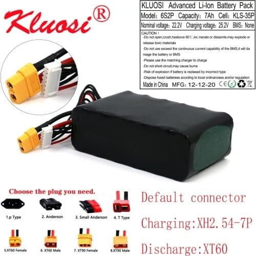 KLUOSI 25.2V Li-ion Battery 6S2P 24V 7AhHigh Capacity UAV Rechargeable for Various RC Airplane Drone Quadrotor XH2.54-7P XT60