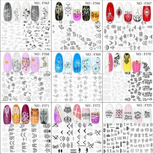 1pcs Flower Nail Art Stickers Leaf Black White Slider Flower Water Decals Decor Watermark Tattoo Manicure Accessories