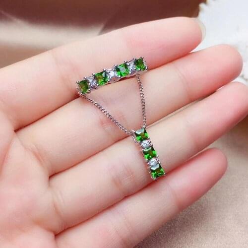 Natural green diopside gem jewelry sets natural gemstone ring Pendant 925 silver Elegant lovely Row square girl gift jewelry