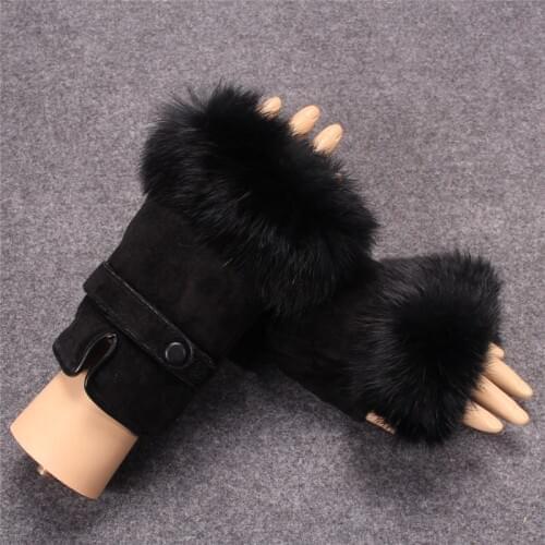 Genuine Leather Semi-Finger Gloves Female Fashion Half-Fingers Rabbit Hair Suede Sheepskin Gloves For Women Driving MK17