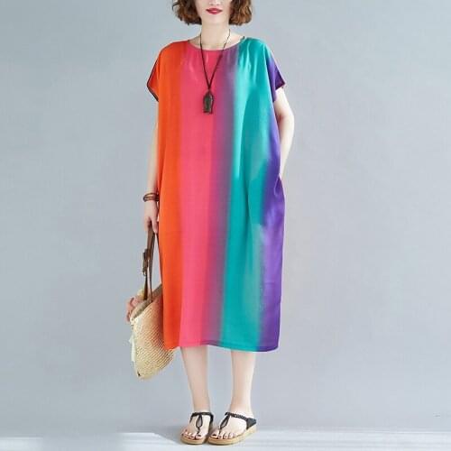 Plus Size Vintage Women Beach Dresses 2021 Elegant Rainbow Print Chinese Cheongsam Dress Summer Ladies Midi Dress Vestidos 12286