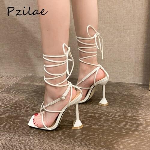 Pzilae Summer Women Sandals Vintage Square Toe Narrow Band Ladies Shoes White Black Cross-Strap Spike Heels Thong Sandals Women