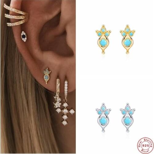 Aide 925 Sterling Silver Turquoise Crown Eye Shape Stud Earrings For Women Dainty Blue CZ Crystal Piercing Ear Studs Jewelry