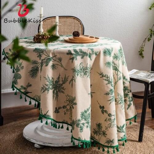Bubble Kiss Cotton Linen Tablecloth Green Pine Branch Print Tassel Edge Soft Comfortable Coffee Table For Living Room Tablecloth