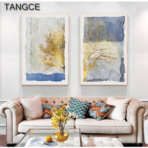 Modern Snow Scene Wall Art Decor Nordic Poster n Print Blue Sky Gold Tree Canvas Art for Living Room Abstract Painting Picture