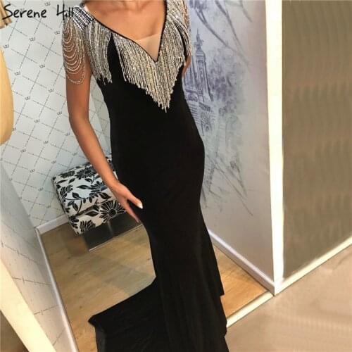 Navy Blue Beading Tassel Velour Evening Dresses 2020 Dubai Deep-V Sleeveless Sexy Evening Gowns Serene Hill LA6351
