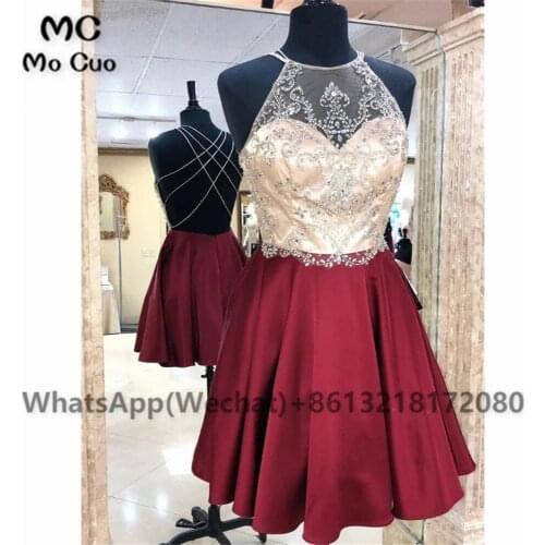A-Line Burgundy Halter Homecoming dress Short Crystals Beading Draped Hard Satin Cocktail party dress short homecoming dress
