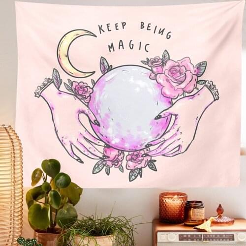 Magic Moon Tapestry Wall Hanging Pink Witchcraft Bed Room Decor Art Celestial Psychedelic Tapestry Decoration Mural Kawaii Decor