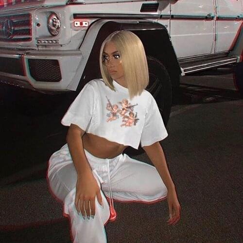 Women Angel Print Short Sleeve White Tee Casual Loose T-Shirt Crop Tee Short Tops Summer T-shirt Streetwear