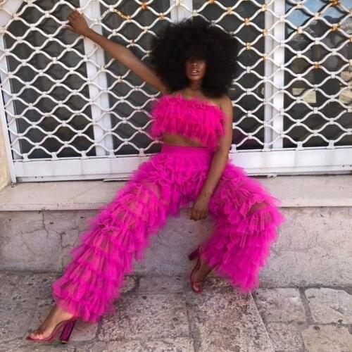 Top+Pants Fashion Prom Dresses Set Jumpsuit vestido de festa Hot Pink Women Pants Formal Dress Tulle Off Shoulder Blouse Tiered