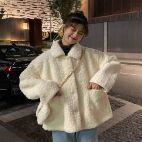Womens Korean Version All-match Thick Loose Oversized Top Lapel Imitation Lamb Wool Coat