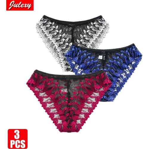 3pcs/pack Julexy Sexy Ultra-thin Lace Embroidery Women Bikini Panties Breathable Plus Size Underwear Briefs