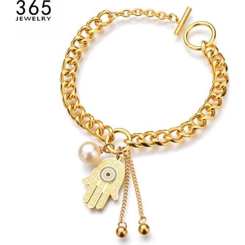 Famous Gold Color Hand of Fatima Link Chain Women Bracelet Trendy Stainless Steel Round Pearl Charm Bracelet Drop shipping