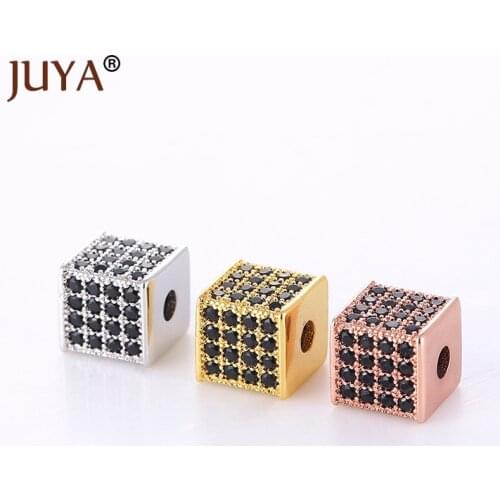 8mm Gold Rose Gold Black CZ Rhinestone Bead Findings Square-shape Cubic Spacer Beads For DIY Jewelry Making Accessories