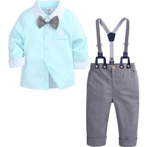Childrens Clothes 2020 Autumn New Baby Boys Long-sleeve Color-contrast Shirt Strap Trousers Send cravat Two-piece Kids Clothing