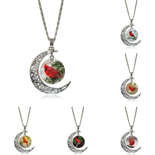 EJ Glaze For Women Kids Cardinal Bird Vintage Jewelry Silver Plated With Crescent Shaped Luminous Necklace