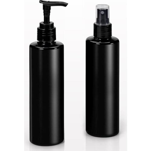 6 ps/lot 8.33 oz 250ml Cylinder Bottles, Black with Sprayer or Lotion Pump PET Bottle for Shampoo with Dispenser Sprayer Bottle