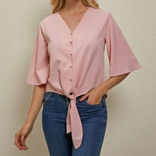 2020 Women Chiffon Blouse Bow Knot Shirt Fashion Sexy Half Sleeve Womens Tops V-Neck Button Office Ladies Casual Blouses