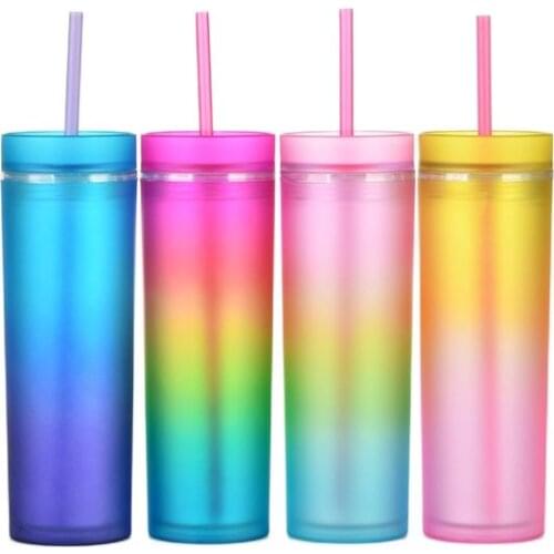 Gradient SKINNY TUMBLERS (4 Pack) Matte Pastel Colored Acrylic Tumblers with Lids and Straws |16oz Double Wall Plastic Tumblers
